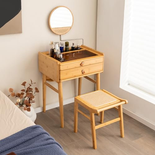GIANTEX Juego de Tocador con Taburete, Espejo Giratorio, Mesa de Maquillaje de Bambú Macizo con Tablero de Cristal y 2 Cajones, Estilo Natural, para Dormitorio y Salón