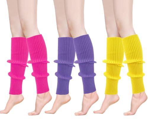 Yuqilin 3 Paare Stulpen Damen, Beinwärmer, Beinstulpen, Neon Stulpen, 80er Stulpen, Neon Strümpfe Gestrickte Stulpen, für Maskeraden, TanzauffüHrungen, Yoga (Hellviolett Rosenrot Gelb)
