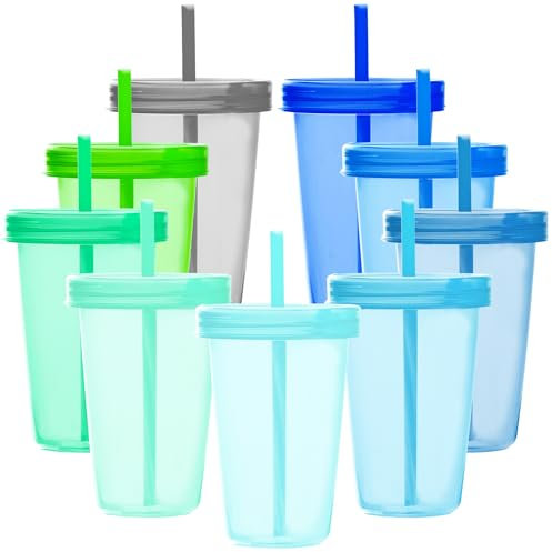 Youngever Lot de 9 gobelets en plastique de 473 ml avec couvercles et pailles, gobelets réutilisables en plastique avec pailles (couleur côtière)