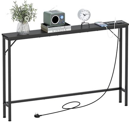 VEDECASA 5.9 Skinny Console Table with Charging Station Narrow Long Behind Couch Table with Power Outlets USB Ports Slim Sofa Table for Entryway Living Room Hallway Office Sturdy Steel Frame Black