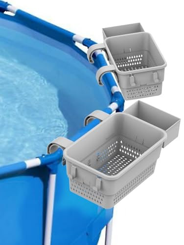 GLIESE POWER Poolside Aufbewahrungskorb für oberirdische Poolzubehör, Poolkorb mit Getränkehalter, passend für die meisten oberirdischen Pools (2 Sets)