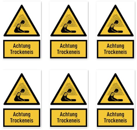 Aufkleber: 75x50 mm, 6 Stück - Achtung Trockeneis - Warnzeichen mit Text (deutsch) (gelb/schwarz) - hochkant - W041 - DIN EN ISO 7010 / ASR A1.3