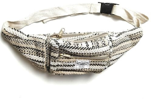 Himalaya-Bauchtasche aus Bio-Baumwolle, gestreift, Baumwolle und Hanf, Umhängetasche, Festival- und Urlaubstasche, Reisetasche, beige, Einheitsgröße
