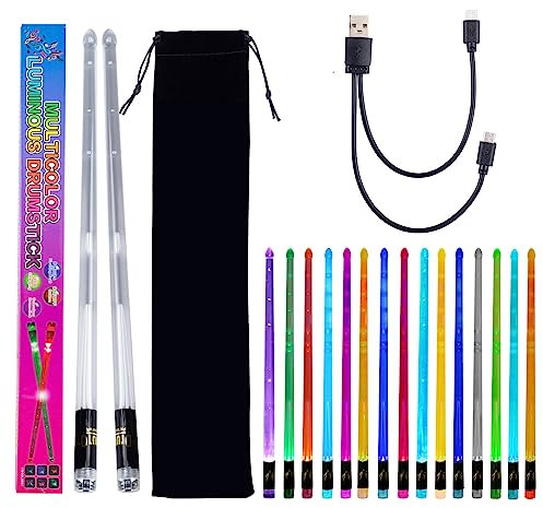 Musfunny Baguettes de batterie lumineuses à DEL : baguettes lumineuses rechargeables de 15 couleurs avec câble de charge USB, baguettes transparentes personnalisées pour adultes et enfants
