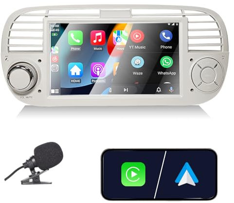 Liulbobu Autoradio per Fiat 500 2007-2015 compatibile con Carplay/Android Auto, Autoradio Fiat 500 da 7 pollici con touchscreen/Bluetooth/FM/AM/USB/DPS/RDS/Mirror Link-Bianco