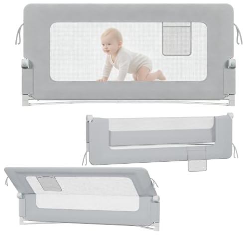 TATIVALO Bettgitter Bettschutzgitter 150 cm Rausfallschutz Bett Grau | Rausfallschutz, Kinderbettgitter für Kinder & Elternbetten 180° Grad Klappbar, 72–86cm Höhenverstellbar Werkzeuglose Montage