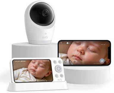eufy Security Monitor de bebé E21 con cámara 4K UHD, pantalla de 5 pulgadas 720p, zoom 8X, Wi-Fi híbrido y sin conexión Wi-Fi, grabación 24/7 en aplicación, inclinación panorámica, cámara portátil con