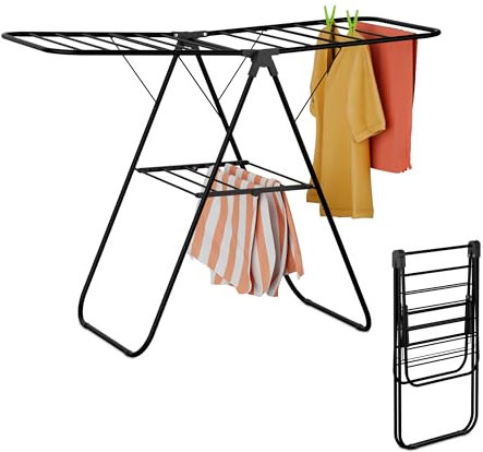 Relaxdays séchoir à Linge Pliable, 2 Niveaux, avec des Ailes, HxLxP : 93x136x58 cm, étendoir en métal, Noir