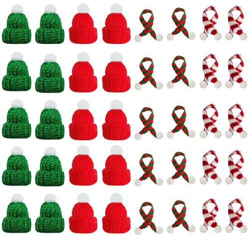 40 Stück Mini Weihnachtsmütze, Mini Weihnachtsmütze und Schal Set, Mini-Strickmütze des Weihnachten, Weinflaschenverschluss-Dekoration, Puppenhaus, Weihnachtsfeiertisch, Mini-Objektdekoration