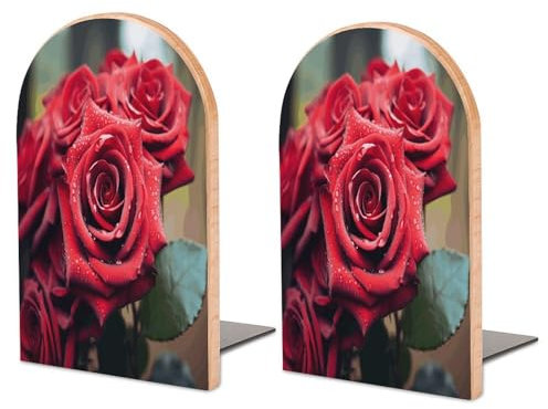 Verdickte Buchstützen aus Holz, schöne rote Rosen-Druck, kreative dekorative Buchstützen, rutschfeste Buchstützen, 1 Paar, groß