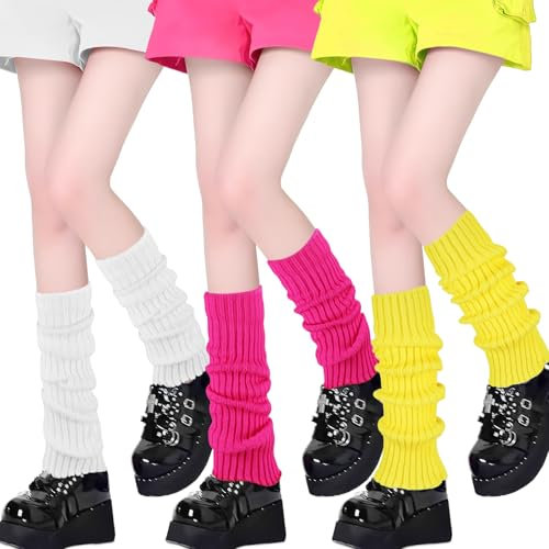 3Paar Neonfarbene Beinwärmer für Damen, Modische Strick-Beinwärmer-Socken im 80er, 90er Jahre-Stil Stulpen für Damen, Stulpen Beinwärmer für Partys, Ballett, Tanzen und Sport, Weiß, Rosenrot, Gelb