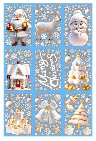Pegatinas Navidad Ventana, 9 Pegatina Copo de Nieve Navidad, Papá Noel Muñeco de Nieve Alce de La Puerta Adornos Navidad Decoracion Ventana Blectrostáticas
