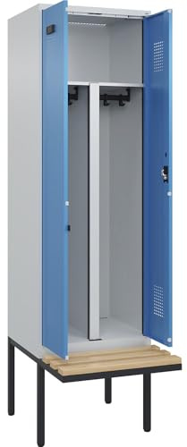 kaiserkraft | Schwarz-Weiß-Spind Evolo Plus Sitzbank | 2 Abteile | Trennwand verkürzt | lichtgrau/lichtblau | B 600 mm | Zylinderschloss | mit auskragender Sitzbank | Buche