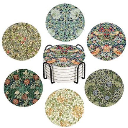 WWOOPLL William Morris Drink Coasters Set of 6, Vintage Botanical Floral Garden Absorbent Round Ceramic Stone Mat Coaster, with Cork Base and Metal Holder, Anti-Slip Cork Bottom for Mugs and Glasses