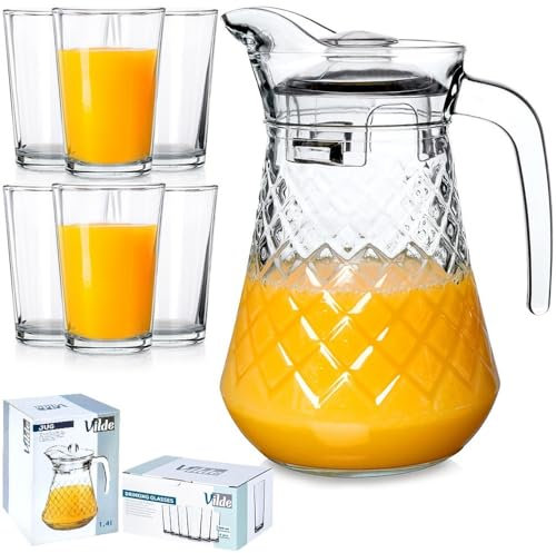 Jarra de cristal con tapa de 1,4 L + vasos de 6 unidades, 200 ml