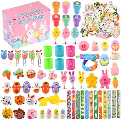 Matreeglam 120 Stück Ostern Party Mitgebsel Set, Ostern Aufkleber, Aufziehbare Hasen, Ostern Spielset, Ostergeschenk