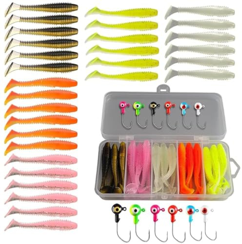 CLKE 36 Pcs Fishing Lures Kit with Heads & Hooks, Soft Plastic Grubs for Bass, Crappie, Trout, Perch, for Freshwater & Saltwater, Fishing Bait Lure Gear Kit