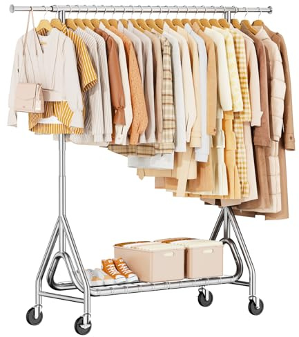 JIEJIERUI Heavy Duty Clothing Rack, Metal Clothes Rack Load 450 LBS, Rolling Clothes Racks for Hanging Clothes with Lockable Wheels, Wardrobe Closet Garment Racks for Bedroom, Silver
