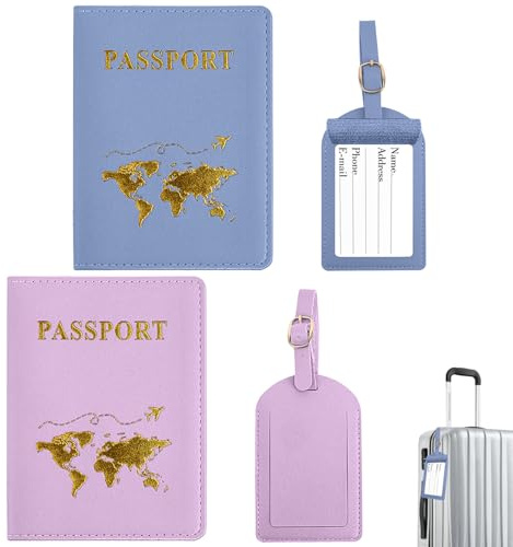 ZDNT Reisepasshülle,2 Stück Reisepasshülle mit 2 Kofferanhänger,Passport Holder,Passport Cover,Passport Hülle,Reisepasshülle Kofferanhänger für Kreditkarten,Ausweis und Reisedokumente (Blau,Lila)