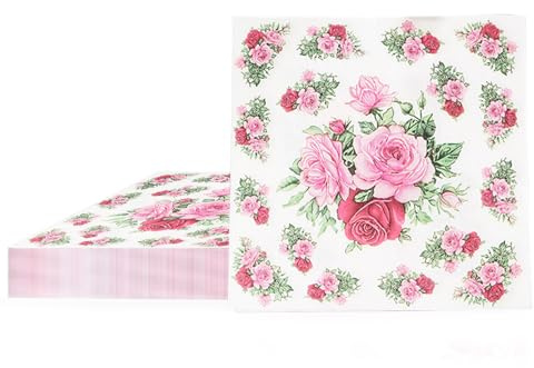 20PCS Floral Napkins - Vintage Tea Party Napkins - Disposable Paper Napkins - Rose Flower Table Decor - Afternoon Tea Birthday Wedding Use (Pink)