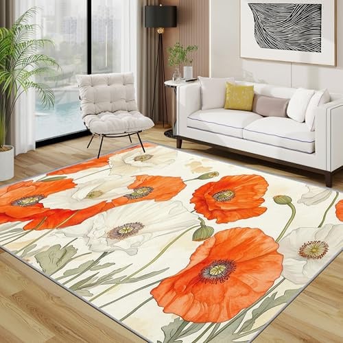 TerroVee Blumen Teppich Waschbar, Mohnblumen Botanisch Teppich 80x150 cm, Weiß Orange rutschfest Waschbar Pflegeleicht Teppiche Für Schlafzimmer Küche, Orange Weiß