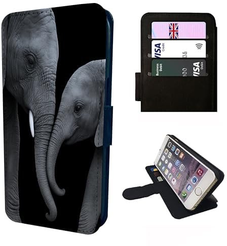 Elephant Wallet Phone Case Flip Cover Compatible with iPhone SE 7 8 X XR 11 12 13 14 15 16 16E Plus Mini Pro Max – Faux Leather Elephants Snuggling Print
