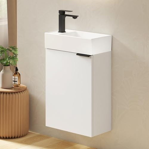 EMKE Waschtisch mit Unterschrank 41 cm, Badmöbel-Set mit Keramikwaschbecken – ideal für Gäste-WC & kleines Bad, Waschbecken mit Unterschrank, Weiß (inkl. Armatur)