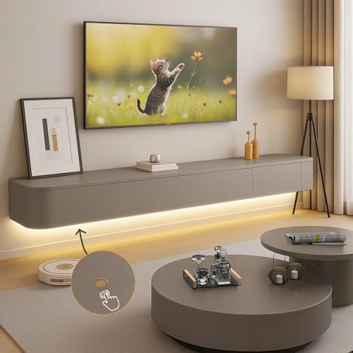 Ribanedy Modern Floating TV Unit with LED Lighting | Wall-Mounted Entertainment Media Console | Large Storage TV Bench for Living Room & Office (Khaki, 160 cm)