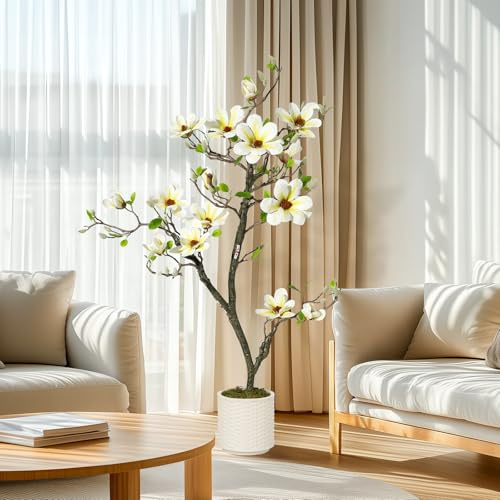 Künstliche Magnolia Pflanzen,4FT/120Cm Kunstpflanzen Mit Weiß Topf Für Indoor,Patio Home Office Blumen Dekor,Weiß Groß Künstliche Magnolia Baum Kunstbaum