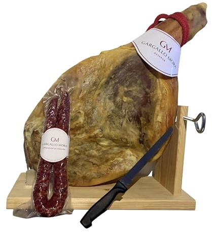 Jambon traditionnel Reserva sans sabot 7,5 kg - Composé à 50% de porc Duroc - Jambon de réserve affiné naturellement pendant plus de 18 mois + Longaniza aragonaise + Support à jambon + Couteau
