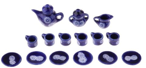 ICDKOYK Collection de 15 pièces de Vaisselle Miniature pour Maison poupée Comprenant Un Service à thé en Porcelaine Bleu foncé, Un Service à café, Une théière, des Assiettes, des Tasses, Une
