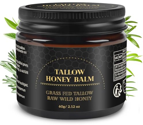 Beef Tallow Creme 60g, 100% Rindertalg für Hautpflege, Rindertalg und Honigbalsam, Talg-Gesichtscreme, Bio-Grasgefütterter aufgeschlagener Talgbalsam, Bodycremes, Tiefenhydration für Gesicht & Körper