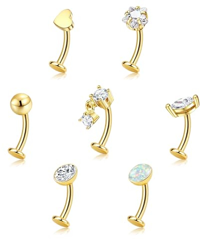 Krfy 7er Bauchnabelpiercing Gold Silber Chirurgenstahl Bauchnabel Piercing | Flaches Bauchnabelpiercing, 14G Bauchpiercing Nabelpiercing Mit Opal Zirkonia, 8/10/12/14mm Stablänge