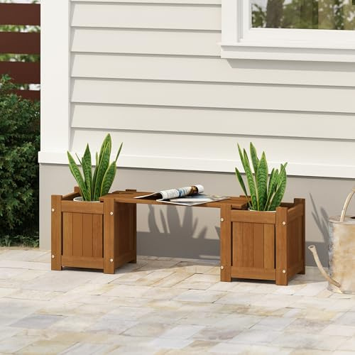 Furinno TIOMAN Mini Planter Box with Bench, Hardwood Flower Box with Seat, Cube Garden, in Teak Oil, Outdoor Indoor, Garden, Patio, Balcony, Light Wood