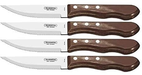 Tramontina - Juego de Cuchillos Jumbo Churrasco, para Asado, en Acero Inoxidable y Mangos de Madera Polywood en Color Castaño, Cubiertos con Remaches de Aluminio, 4 Piezas, Tamaño de 5
