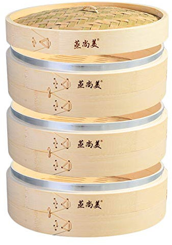 Hcooker Approfondir 3 Couches Cuisine à Vapeur en Bambou avec Bande en Acier Inoxydable pour Petits Pains Asiatiques Boulettes Boulettes Légumes Poissons Riz