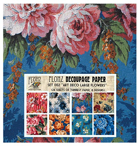 Decoupage Paper Pack (24 Sheets 6x6) Art Deco Large Flowers FLONZ Vintage Styled Paper for Decoupage and Craft