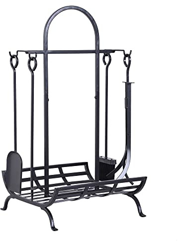 Outsunny Porte bûches - Range bûches Serviteur de cheminée - Multi Accessoires dim. 45L x 40l x 78H cm métal Noir