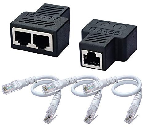 COVVY Adaptador de conector divisor de red RJ45 1 hembra a 2 puertos hembra Cat 5/Cat 6 LAN Ethernet cable adaptador divisor de extensión de red doble enchufe (2 piezas + 3 cables)