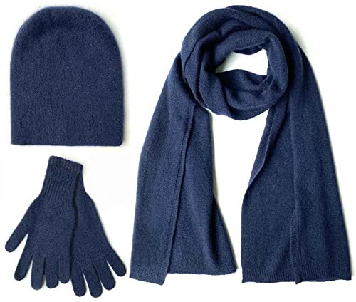 Set aus 100 % reinem Kaschmir, Mütze, Schal und Handschuhe, 3-teiliges Set, 3-in-1-Winter-Strickset, Outdoor-Ski-Sport-Geschenk, einfarbig, warm, 3-teiliges Geschenk, navy, One size
