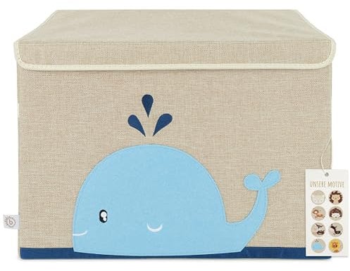 Bieco Aufbewahrungsbox mit Deckel | 65L faltbar | ca. 36x36x51cm | Spielzeugkiste mit Deckel | Aufbewahrungsbox Kinder | Kisten mit Deckel | Aufbewahrungsbox Groß | Wickeltisch Organizer | Wal Motiv