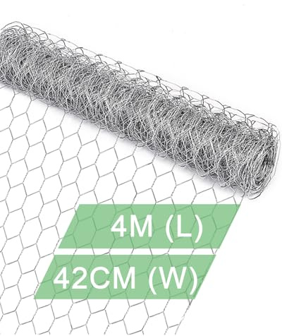 vensovo Galvanized Chicken Wire Mesh - 42CM × 4M Garden Animal Barrier Fence, 1 inch Mesh Fence for Pet,Rabbit,Poultry | Galvanized 0.8-inch hex mesh for garden fencing, poultry enclosures, rabbit runs, floral arrangements, and DIY crafts.