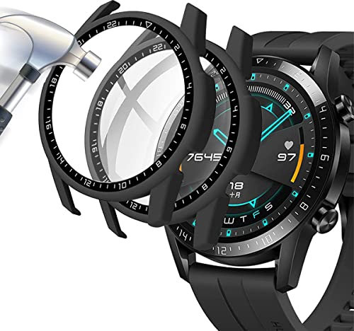 Acadeny 3pièces Coque Protection Écran en Verre Trempé +PC Bumper Compatible avec Huawei Watch GT2 46mm Anti-Rayure Protecteur Étui -2Noir+transparent