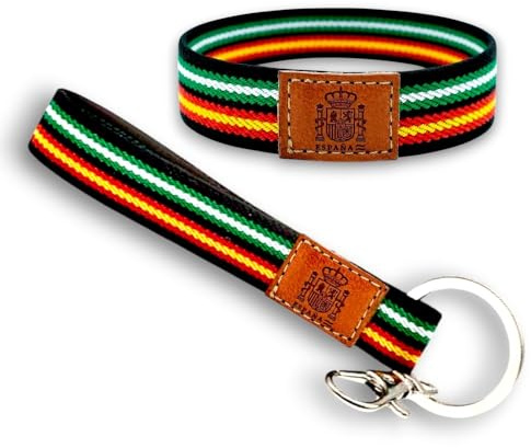 BDM Pulsera y Llavero Bandera de Andalucía y España con Escudo | Accesorio Orgullo Andaluz Pack o Individual | Pulsera Elástica Ajustable (18-20 cm) y Llavero con Mosquetón
