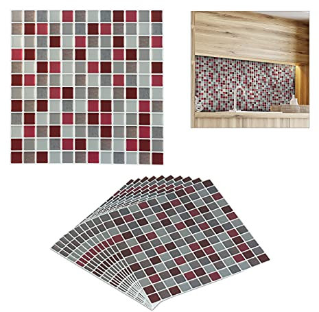 Relaxdays Set da 10 Piastrelle Autoadesive, per Bagno e Cucina, HxL23,5x23,5cm, 3D, Mosaico, Impermeabili, Rosso/Marrone