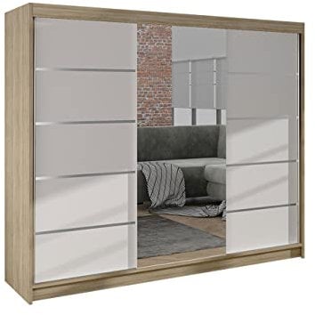Mirjan24 Kleiderschrank Dotan VI mit Spiegel, Kleiderstange und Fächer, Schlafzimmerschrank, Schwebetürenschrank, Dielenschrank, Garderobenschrank (Sonoma/Weiß)
