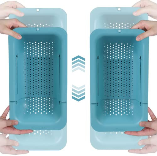 BLUE GINKGO Spülbecken-Siebkörbe, 2 Stück, zum Waschen von Gemüse und Obst, zum Abtropfen von gekochten Nudeln und trockenen Gerichten – ausziehbar – New Home Kitchen Essentials (2 Blaugrün)