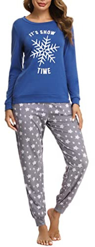 Bresdk Schlafanzug Damen Pyjama Lang Baumwolle Zweiteilige Nachtwäsche Blau M