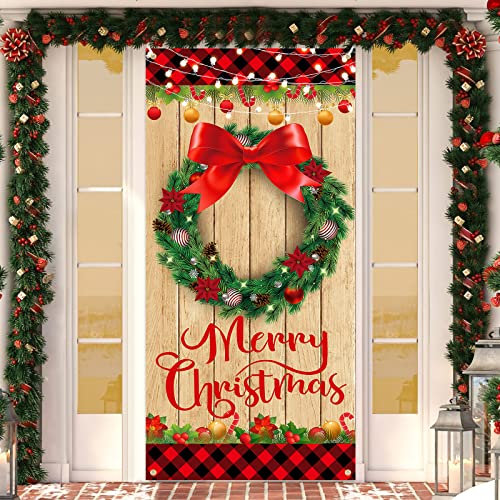 Frohe Weihnachten Türabdeckung Dekorationen Holzmaserung Weihnachtskranz Tür Banner Xmas Kleine Büffel Plaid Rand Türabdeckung Banner für Bauernhaus Haustür Dekoration Neujahr Weihnachten Party
