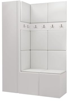 Mirjan24 Garderoben-Set Monati IX, Kleiderschrank, Schuhschrank mit 6 Fächer, 2X Kleiderhakenbrett, Gepolstertes Paneel/Wandpaneel, 8 Doppelhaken, Flurgarderobe, Wandgarderobe (Weiß, Soft 017)